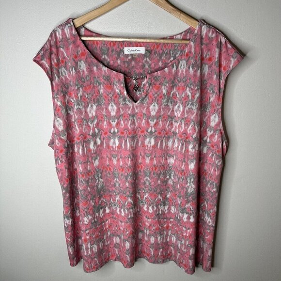 Calvin Klein Blouse Shirt Women’s Pink Cap Sleeve Abstract Print Top 3X Stretch - Picture 1 of 9